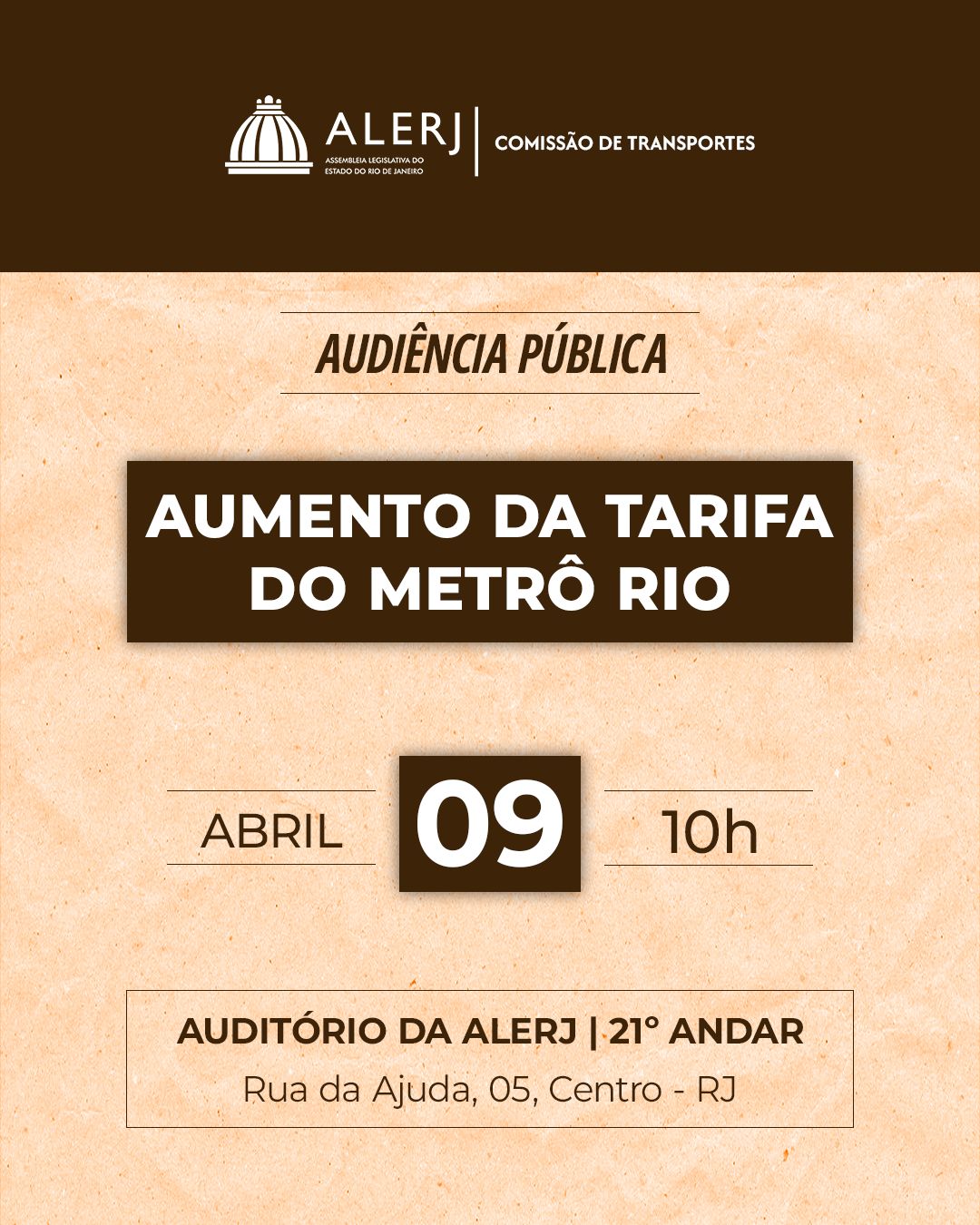Audiência Pública na Alerj nesta quarta-feira, dia 9, analisa tarifa do Metrô Rio