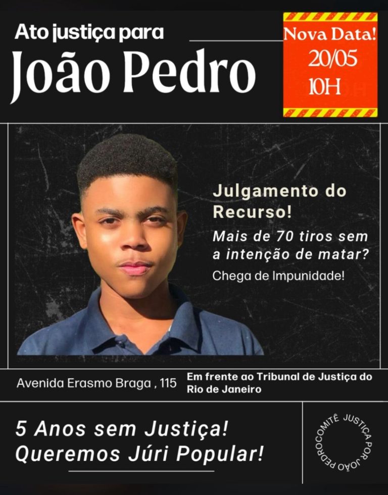 Ato público por júri popular no julgamento dos assassinos de João Pedro em frente ao TJ-RJ nesta terça-feira, dia 20